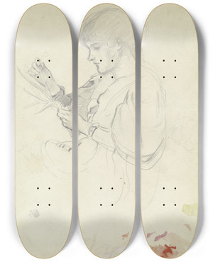 Triptych art skateboard deck of Otto Scholderer Sitzendes Mdchen Im Profil Flechtend by Otto Scholderer (1834-1902)