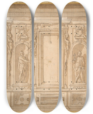 Triptych art skateboard deck of Lazzaro Tavarone Wall Elevation With A Window And Statues Of Saint John The Baptist And Saint Peter In Niches by Lazzaro Tavarone (1556-1641)