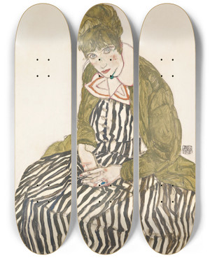 Triptych art skateboard deck of Egon Schiele Edith With Striped Dress Sitting by Egon Schiele (1890-1918)