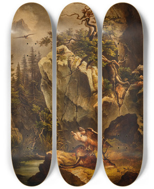 Triptych art skateboard deck of Jakob Canciani A Griffonvulture With A Dead Deer by Jakob Canciani (1820-1891)