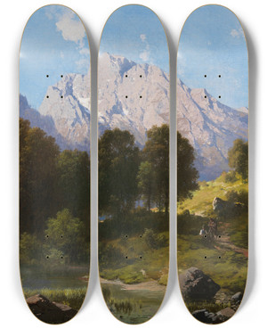 Triptych art skateboard deck of Carl Millner Sommerliche Gebirgslandschaft by Carl Millner (1825-1895)