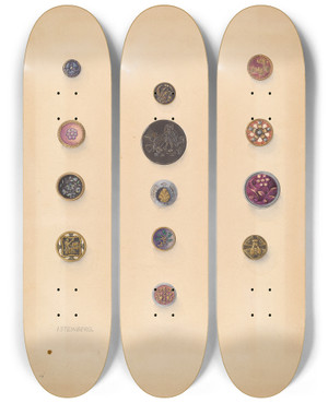 Triptych art skateboard deck of Isidore Steinberg Buttons_2 by Isidore Steinberg (20-)