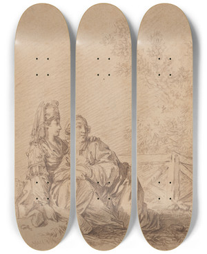 Triptych art skateboard deck of Jeanbaptiste Le Prince Two Russians Seated In Landscape by Jean-Baptiste Le Prince (1734-1781)