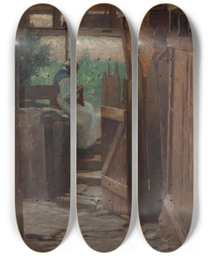 Triptych art skateboard deck of Rudolf Alfred Hger Bei Der Hausarbeit by Rudolf Alfred Hoger (1877-1930)