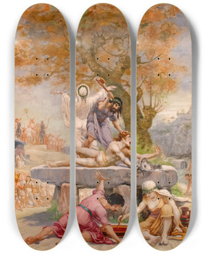 Triptych art skateboard deck of Jeanbaptiste Cariven Sacrifice On A Dolmen by Jean-Baptiste Cariven (1843-1904)