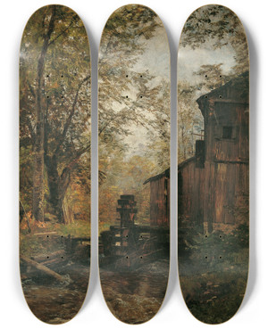 Triptych art skateboard deck of Emil Jakob Schindler Die Gosaumhle Bei Ischl by Emil Jakob Schindler (1842-1892)