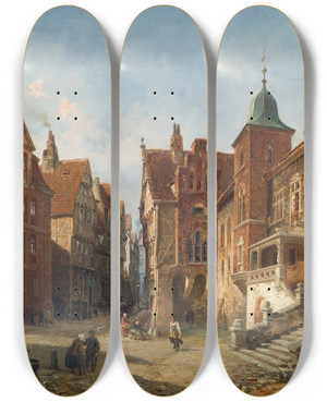 Triptych art skateboard deck of Wilhelm Von Hanno Street In Hamburg Study In Architecture by Wilhelm von Hanno (1826-1882)