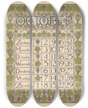 Triptych art skateboard deck of Theo Nieuwenhuis Kalenderblad Voor Oktober 1898 by Theo Nieuwenhuis (1866-1951)