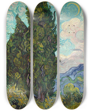 Triptych art skateboard deck of Vincent Van Gogh Cypresses by Vincent van Gogh (1853-1890)