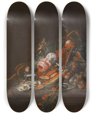 Triptych art skateboard deck of David Cornelisz De Heem A Still Lifeof Oysters Grapes Cherries Roses Corn Snailsa Melon And A Silver Sugar Shakeron Astone Plinth by David Cornelisz De Heem (1663-1714)