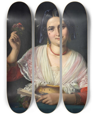 Triptych art skateboard deck of Wilhelm Marstrand A Roman Woman In Fancy Dress by Wilhelm Marstrand (1810-1873)