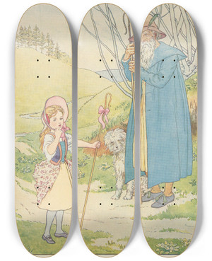 Triptych art skateboard deck of Leonard Leslie Brooke Little Bopeep by Leonard Leslie Brooke (1862-1940)