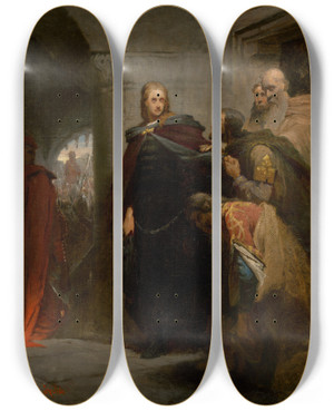 Triptych art skateboard deck of Gyula Benczr Hunyadis Farewell To His Homeland by Gyula Benczur (1844-1920)