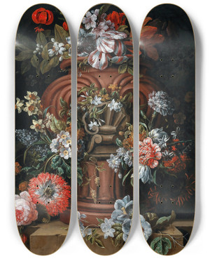 Triptych art skateboard deck of Gaspar Peeter Verbruggen The Younger Flowers In A Sculpted Urn On A Stone Ledge by Gaspar Peeter Verbruggen The Younger (1664-1730)