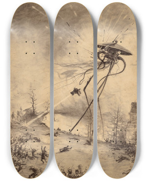 Triptych art skateboard deck of Henrique Alvim Corra Martian Fighting Machine Hit By Shell by Henrique Alvim Correa (1876-1910)
