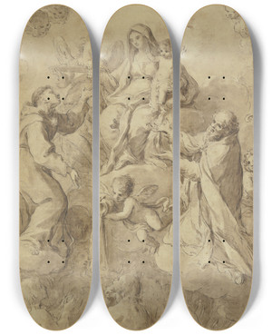 Triptych art skateboard deck of Antonio Balestra Die Muttergottes Mit Dem Jesuskind Von Heiligen Und Engeln Umgeben Ein Engel Giet Wasser Aus by Antonio Balestra (1666-1740)