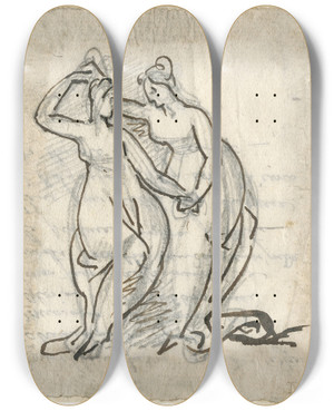 Triptych art skateboard deck of David Humbert De Superville Twee Dansende Vrouwen Elkaar De Hand Reikend by David Humbert De Superville (1770-1849)
