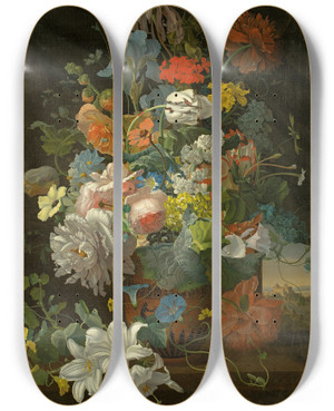 Triptych art skateboard deck of Gottlob Michael Wentzel  Floral Still Life With A View Of Castel Gandolfo by Gottlob Michael Wentzel (1792-1866)