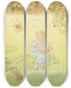 Triptych art skateboard deck of Leonard Leslie Brooke Little Miss Muffet by Leonard Leslie Brooke (1862-1940)