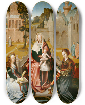 Triptych art skateboard deck of Master Of St Severin The Virgin Enthroned With St Catherine And St Mary Magdalene by Master of St. Severin (1485-1515)