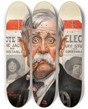 Triptych art skateboard deck of Leslie Thrasher Colliers Cover November 8 by Leslie Thrasher (1889-1936)