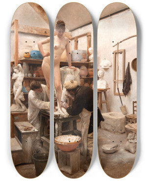 Triptych art skateboard deck of Edouard Dantan Casting From Life by Edouard Dantan (1848-1897)