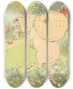 Triptych art skateboard deck of Leonard Leslie Brooke A Pig In The Garden by Leonard Leslie Brooke (1862-1940)