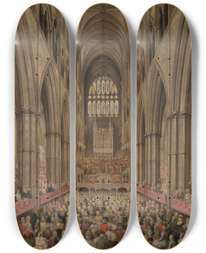 Triptych art skateboard deck of Edward Edwards Interior View Of Westminster Abbey On The Commemoration Of Handel Taken From The Managers Box by Edward Edwards (1738-1806)