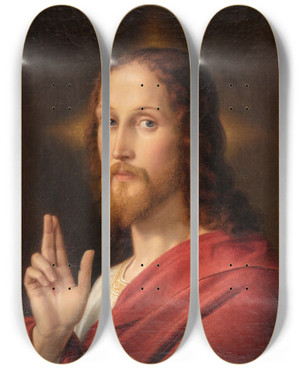 Triptych art skateboard deck of Ernst Deger Christ Blessing Selfportrait by Ernst Deger (1809-1885)