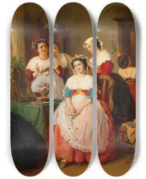 Triptych art skateboard deck of Konstantin Johannes Franz Cretius The Wedding Morning by Konstantin Johannes Franz Cretius (1814-1901)