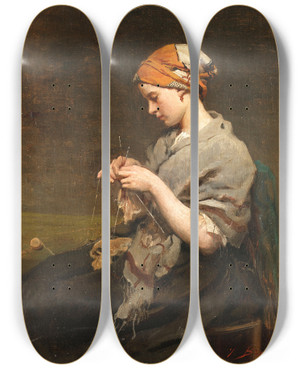 Triptych art skateboard deck of Jules Breton Jeune Fille Tricotant by Jules Breton (1827-1906)