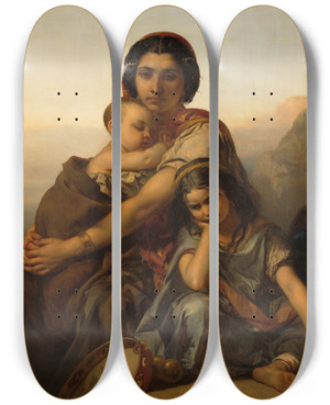Triptych art skateboard deck of Louis Gallait A Gypsy With Two Children by Louis Gallait (1810-1887)