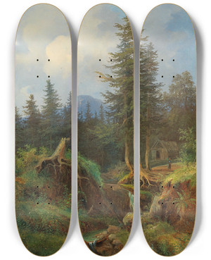 Triptych art skateboard deck of Joseph Jonas Landscape With Woodland Stream And Decorative Figures by Joseph Jonas (1805-1863)