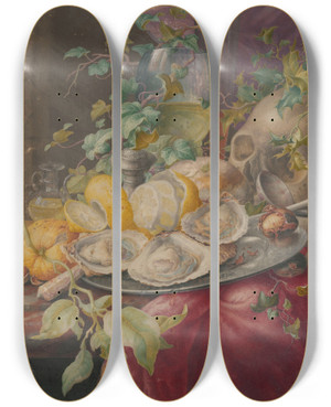 Triptych art skateboard deck of Herman Henstenburgh Vanitasstilleven Met Oesters En Schedel by Herman Henstenburgh (1667-1726)