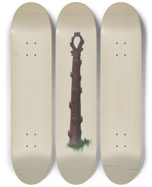 Triptych art skateboard deck of Richard Correll Tree Trunk Hitching Post by Richard Correll