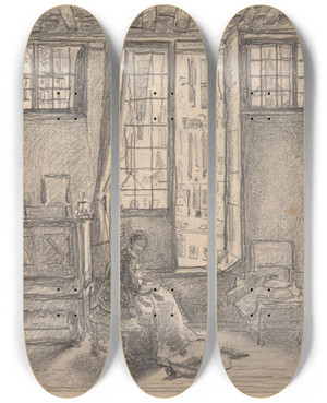 Triptych art skateboard deck of Henri De Braekeleer The Carillon by Henri de Braekeleer (1840-1888)