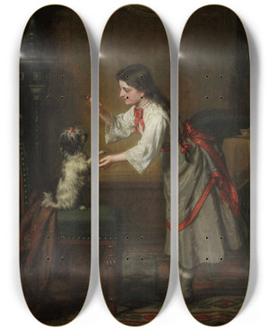Triptych art skateboard deck of Leopold Lffler Girl With A Dog by Leopold Loffler (1827-1898)