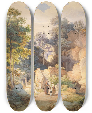Triptych art skateboard deck of Friedrich Wrthle An Der Treppe Zur Wallfahrtskirche St Magdalena Auf Der Biber Bei Brannenburg by Friedrich Wurthle (1820)