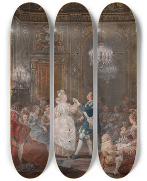 Triptych art skateboard deck of Jean Dmosthne Dugourc A Party In A Louis Xvi Interior Lit By A Candelabra And A Torchere With A Couple Dancing The Minuet by Jean Demosthene Dugourc (1749-1825)