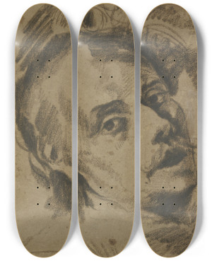 Triptych art skateboard deck of Johann Liss Head Of A Cavalier by Johann Liss (1597-1631)