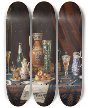 Triptych art skateboard deck of Moritz Mansfeld Stillleben Mit Tageszeitung by Moritz Mansfeld (1850-1890)