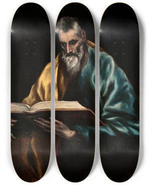 Triptych art skateboard deck of El Greco Domenikos Theotokopoulos Apostle Saint Simon by El Greco Domenikos Theotokopoulos (1540-1614)