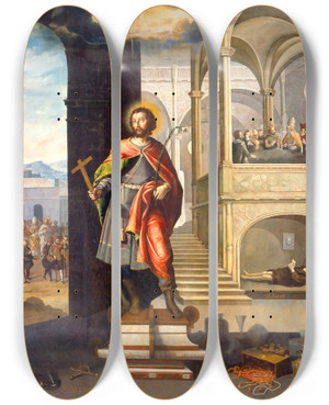 Triptych art skateboard deck of Jos Jurez Saint Alexius by Jose Juarez (1617-1661)
