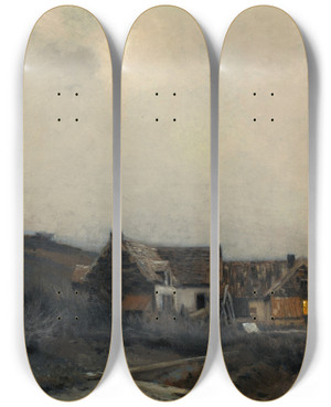 Triptych art skateboard deck of Jean Charles Cazin Moonlit Cottages by Jean Charles Cazin (1840-1901)