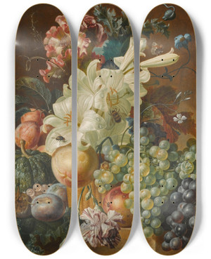 Triptych art skateboard deck of Paul Theodor Van Brussel Still Life With Lilies Poppies Plums Melons And Grapes On A Ledge With Insects by Paul Theodor Van Brussel (1754-1795)