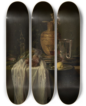 Triptych art skateboard deck of Willem Kalf Still Life With Ewer Vessels And Pomegranate by Willem Kalf (1619-1693)