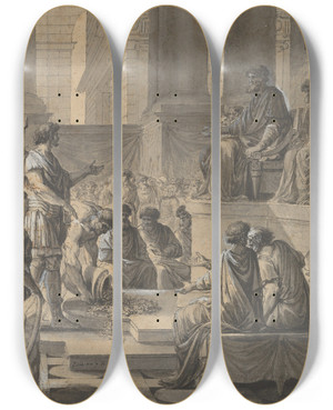 Triptych art skateboard deck of Etienne Pierre Adrien Gois Hannibal Before The Senate In Carthage by Etienne Pierre Adrien Gois (1731-1823)