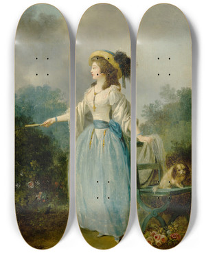 Triptych art skateboard deck of Jeanfrdric Schall A Lady In A Garden With Her Dog by Jean-Frdric Schall (1752-1825)