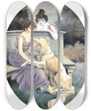 Triptych art skateboard deck of Paul Klimsch Zwei Damen Mit Windhund Auf Einer Parkbank by Paul Klimsch