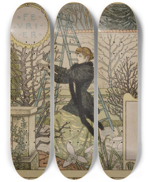 Triptych art skateboard deck of Eugne Grasset Fvrier by Eugene Grasset (1841-1917)